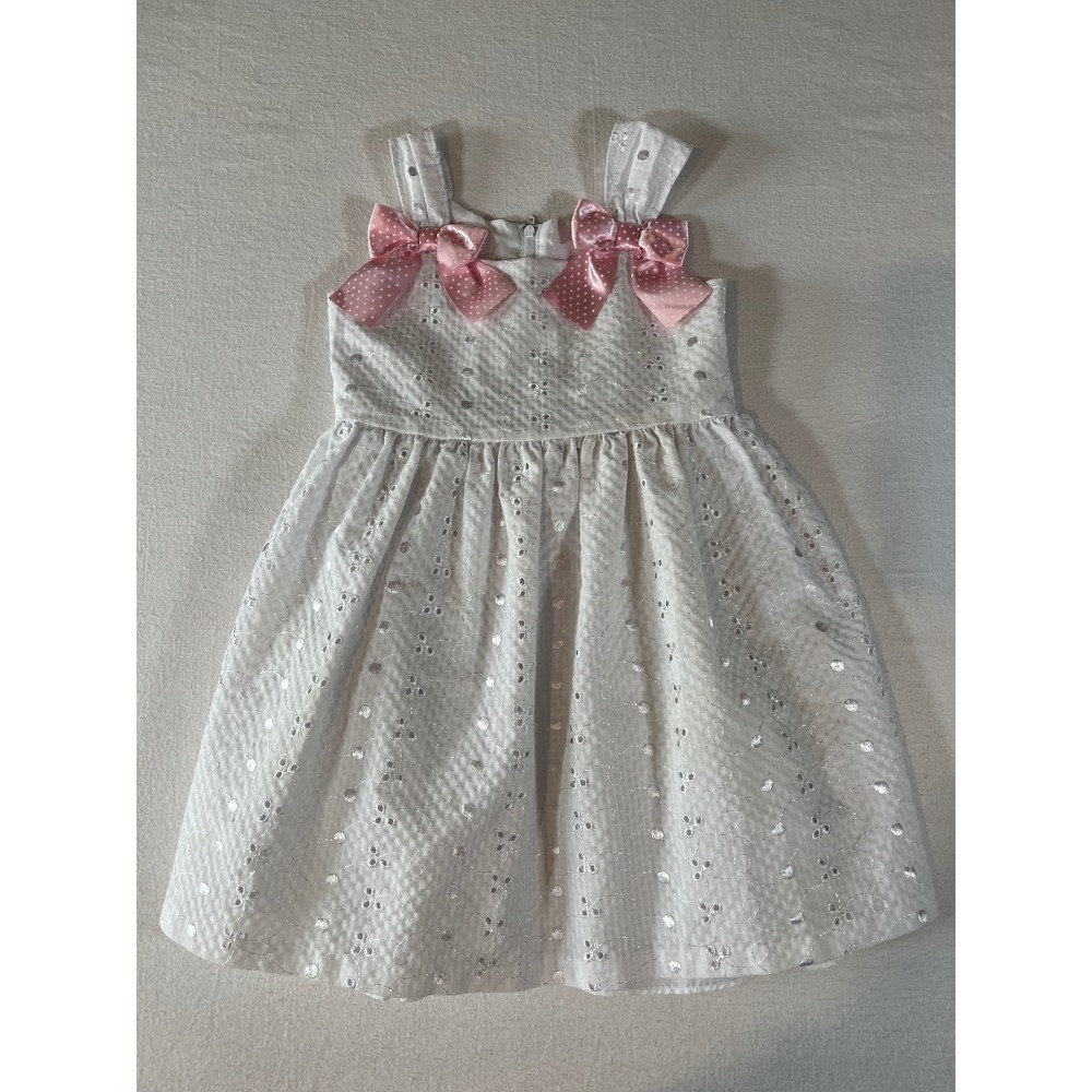 Bonnie Jean Girls White Eyelet Seersucker Dress Pink Bows 4T